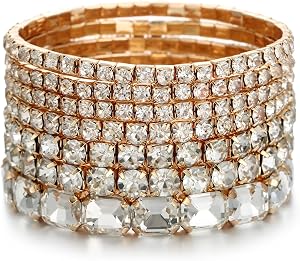 7 PCS Crystal Stretch Bracelets for Women, Bridal Wedding Stackable Layered Rhinestone Bracelets Set Evening Party Jewelry