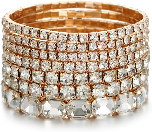 7 PCS Bracelets en cristal extensible pour les femmes, Mariage de mariée Stackable Layer Strass Bracelets Set Soirée Bijoux