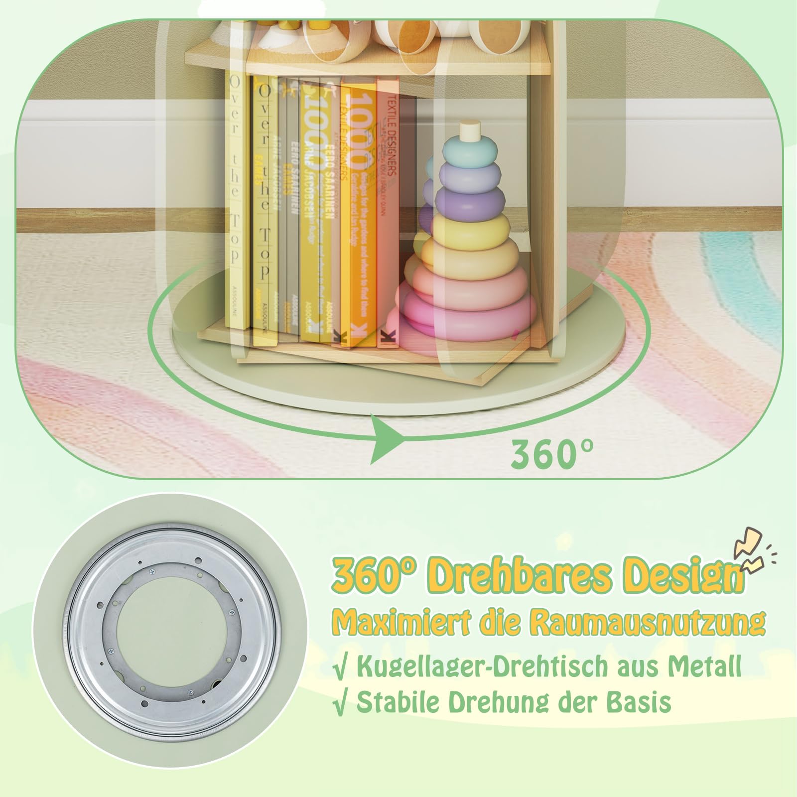 COSTWAY Bücherregal Kinder, drehbares Kinderregal mit 3 Ebenen & 5 offene Fächern, Regal Kinderzimmer, Drehregal Spielzeugregal freistehend für Kinderzimmer, Spielzimmer, Wohnzimmer, Kindergarten