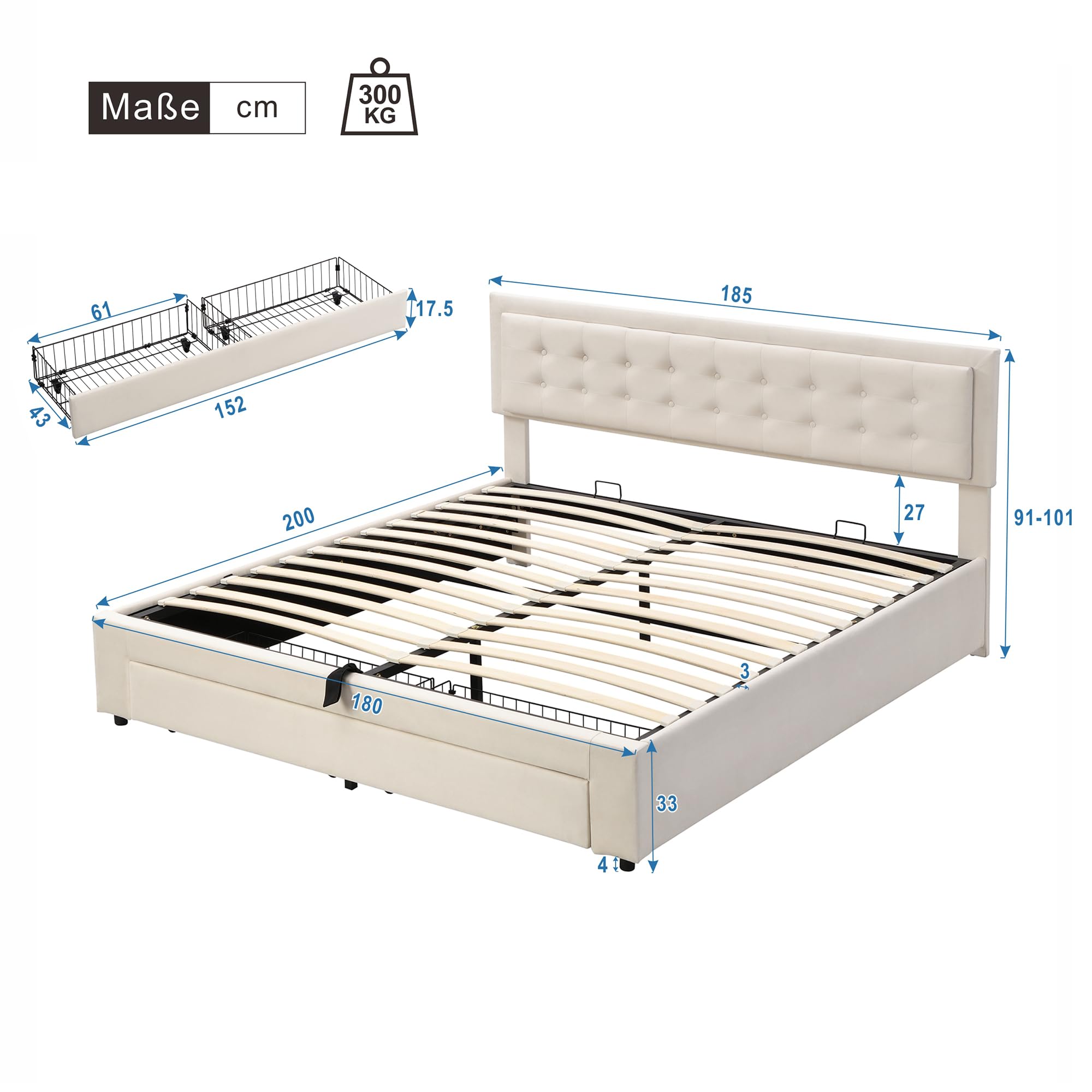 Merax Polsterbett 180 x 200 cm mit Schubladen, Hydraulisch Funktionsbett mit Lattenrost & Verstellbares Kopfteil, Stauraumbett für Erwachsene & Jugend, Samtstoff, Beige (Ohne Matratze)