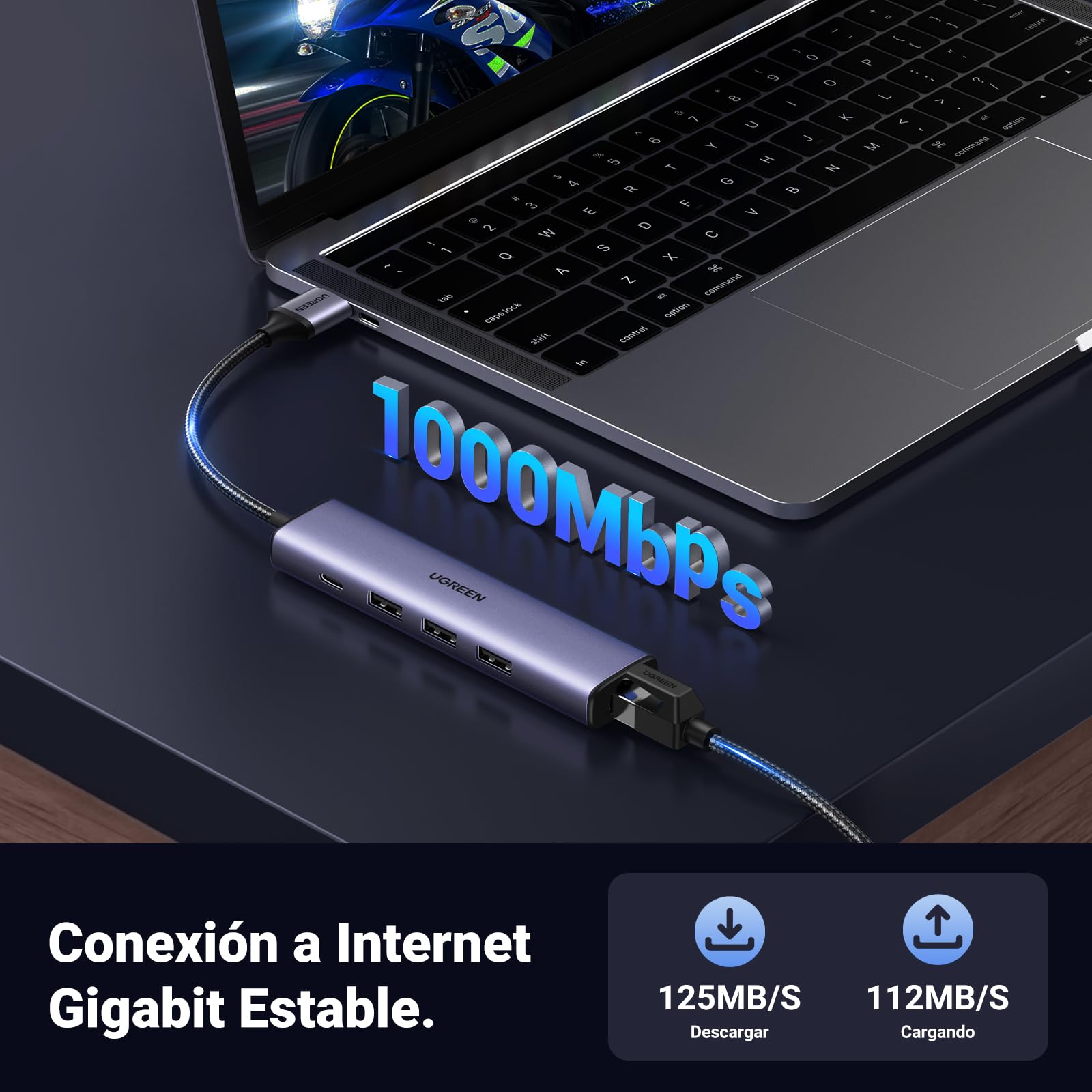 UGREEN Hub Ethernet USB 3.0 1000Mbps Concentrador RJ45 con 3 Puertos Adaptador de Red LAN Gigabit Convertidor Carcasa de Aluminio Cable Trenzado Plug y Play en Windows 11 10 8 Mac OS