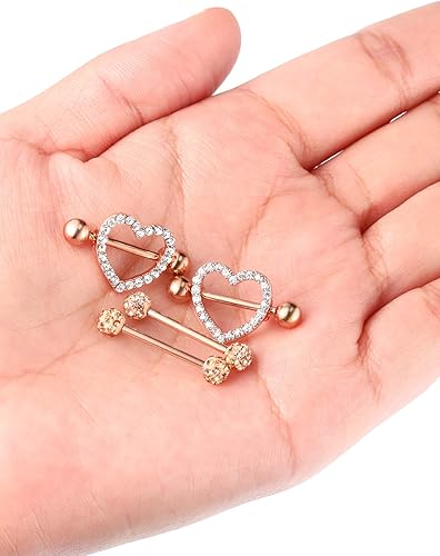 Vista 4 de JOVITEC 2 pares de anillos de pezón de acero inoxidable con circonita cúbica, diamantes de imitación para piercing corporal de pezón, 14 G