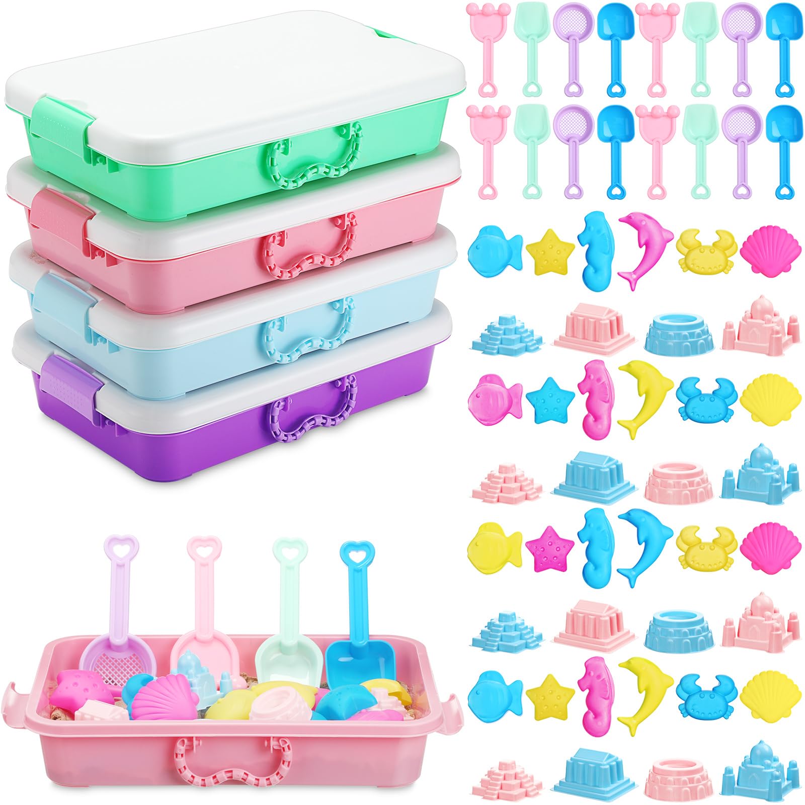 Blushtier 60 Pcs Portable Sandbox with Beach Sand Shovels Molds Set Include 4 Pcs 15'' Plastic Sensory Bin Tray with Lid and Handle, 56 Sand Shovels Molds Gift for Boys Girls Indoor Outdoor Beach
