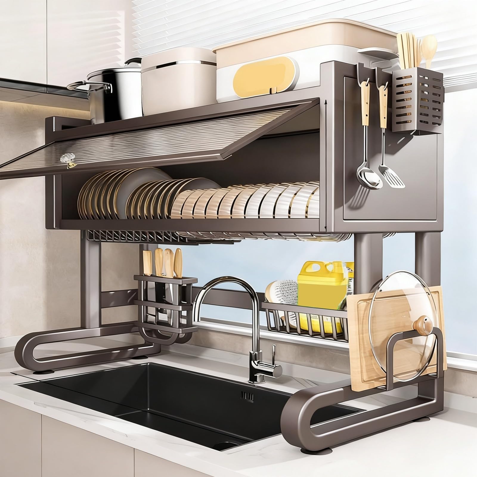 CAFIEDR Stainless Steel Over Sink Dish Drainer Rack - 2 Tier Dish Drying Rack With Flip Door, Large Capacity Storage Organizer For Kitchen Sink Counter, Black.Grey-105cm/41.3in