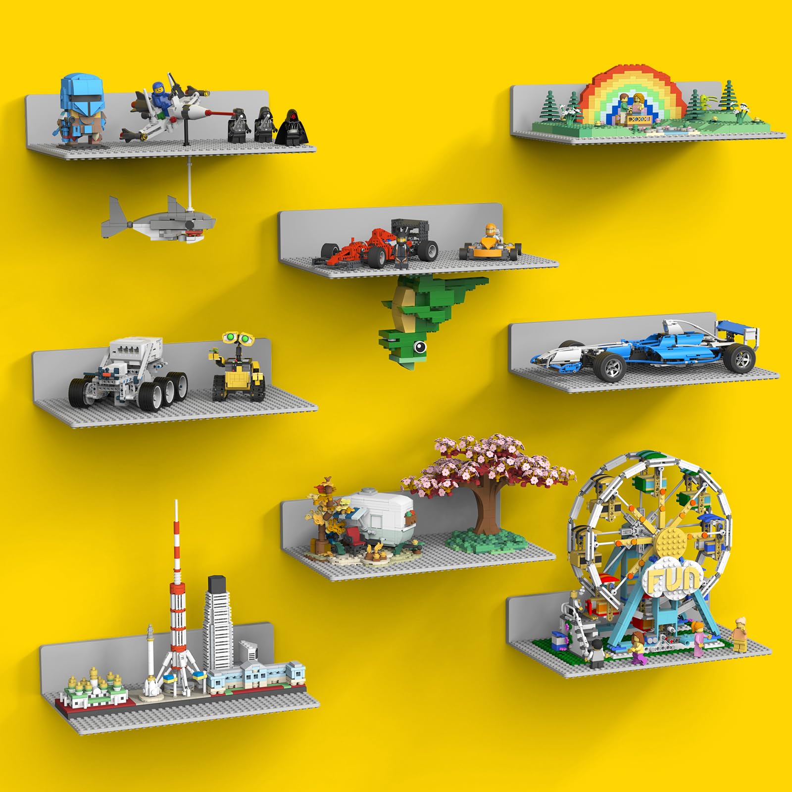 BlissBox 8-Pack Display Shelves for Wall Compatible with Lego Building Bricks, 11.3x6.3inch Dual‑Sided 36x20 Studs for Toy Brick Storage and Display,