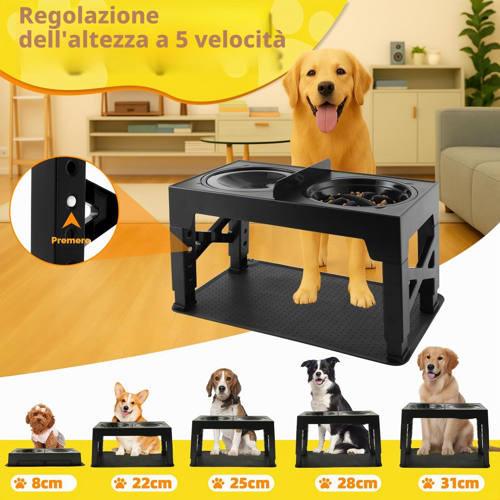 Ciotole per cani Rialzate Regolabili - Ciotola Acqua, Antingozzo, da Viaggio e Tappetino - Base antiscivolo per cani di taglia media/grande