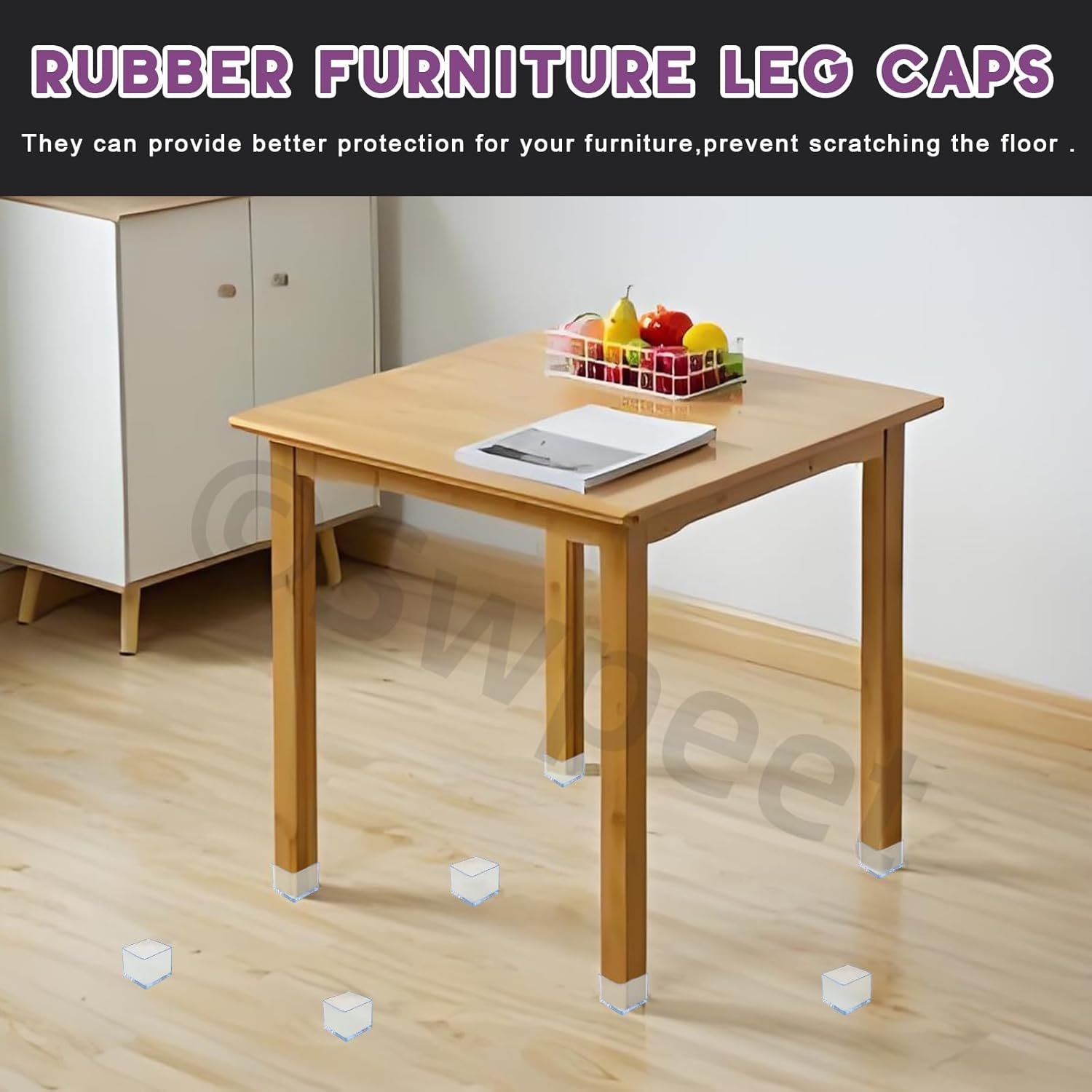 Swpeet 8Pcs 2"×2" Clear Square Chair Leg Caps, Floor Protectors, Table Chair Leg Protection Cover, Furniture Leg Caps，Leg Tips Covers, Feet Pads, Feet for Furniture Table Chair