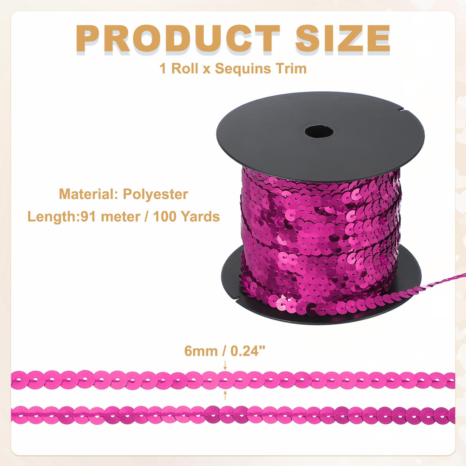 QUARKZMAN Tira De Lentejuelas Planas De 100 Yardas, Rollo De Cinta De Lentejuelas Planas De 6 Mm Para Manualidades Accesorios De Costura Decoraciones De Disfraces, Rojo Rosa