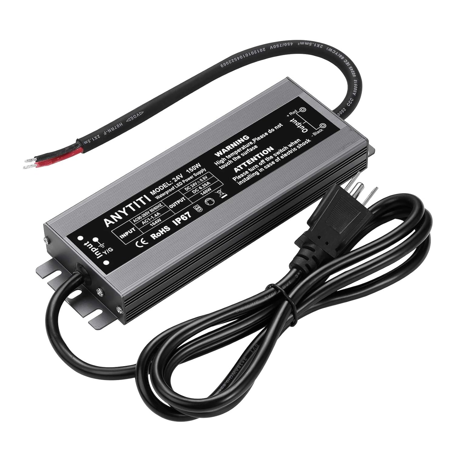 LED Driver, LED Power Supply with IP67 Waterproof Rating, Low Voltage Transformers, 150W Output, DC24V 6.25A with 3-Prong Plug 4.5 feet