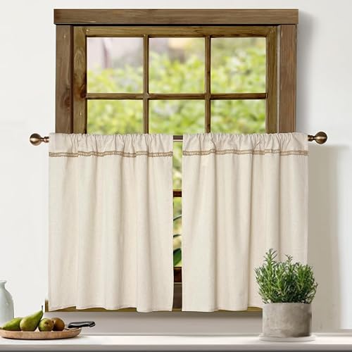 Cotton Linen Kitchen Curtains for Windows with Burlap Lace Trim