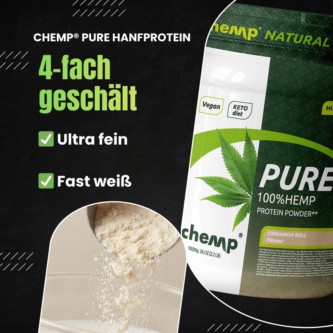 Chemp Pure 100% Hanf Protein Pulver Schokolade - Proteinpulver Vegan - Glutenfrei - Ohne Soja | 30 x Portionen - 1020g - Double Rich Chocolate - Mit Süßungsmittel