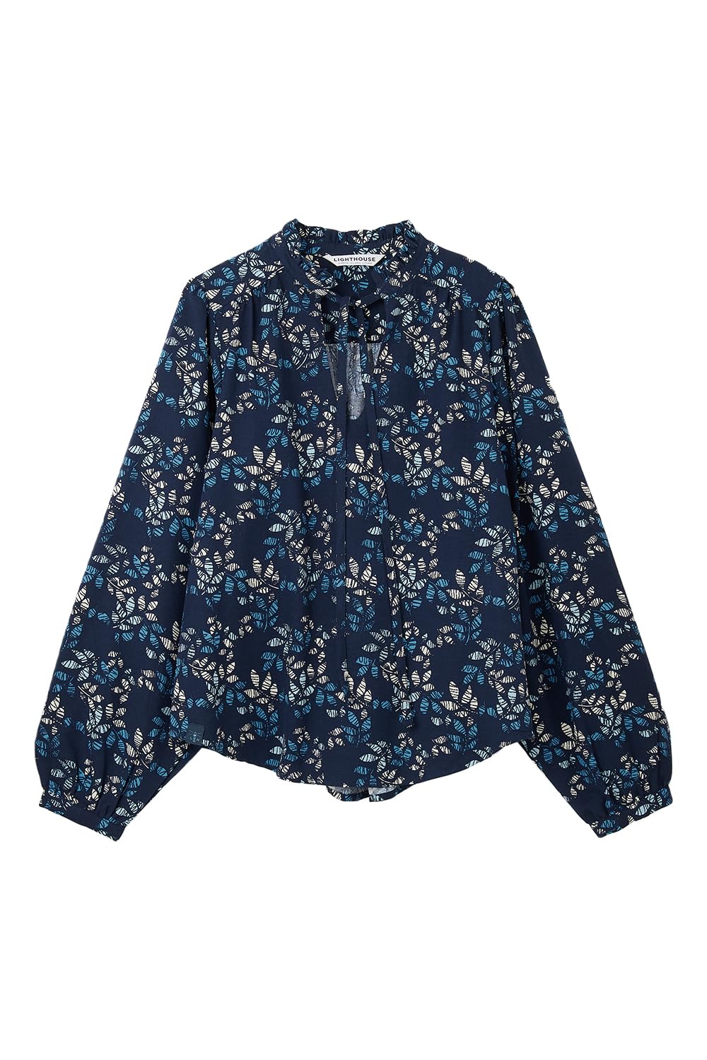 LightHouse Women's Grace Cotton Viscose Stretch Shirt - Ladies Blouse with Tie Neck - Navy Leaf - 12