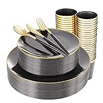 Supernal 180pcs Black Plastic Dinnerware Set Include Gold and Black Plates,Clear Disposable Plates,Gold Plastic SilverwareClear Cups Suit for Party, Birthday