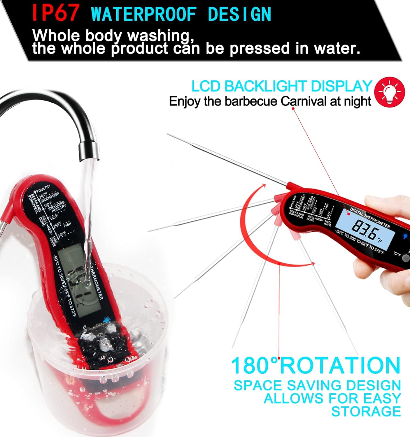 review Barbecue Thermometer, Bottle Pener, Household Kitchen Cooking Thermometer, with Backlight, Temperature Digital Display, Waterproof, Magnetic Absorption