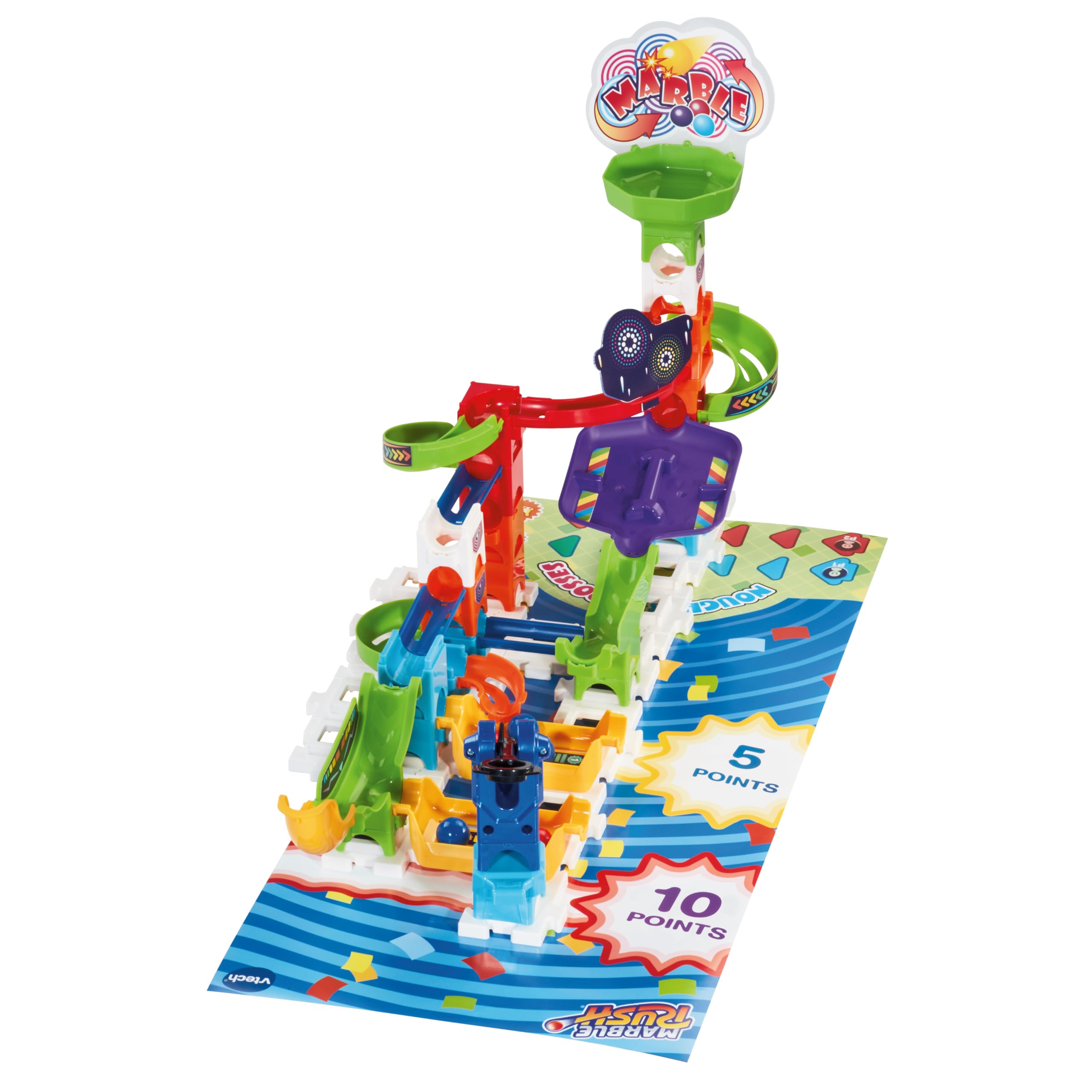 VTech - Marble Rush Juegos de competición, Juguete de construcción, Circuito de canicas, 62 Piezas, 12 canicas, 1 tapete de Juego de Doble Cara y 6 fichas, Regalo niños +4 años, Contenido Español