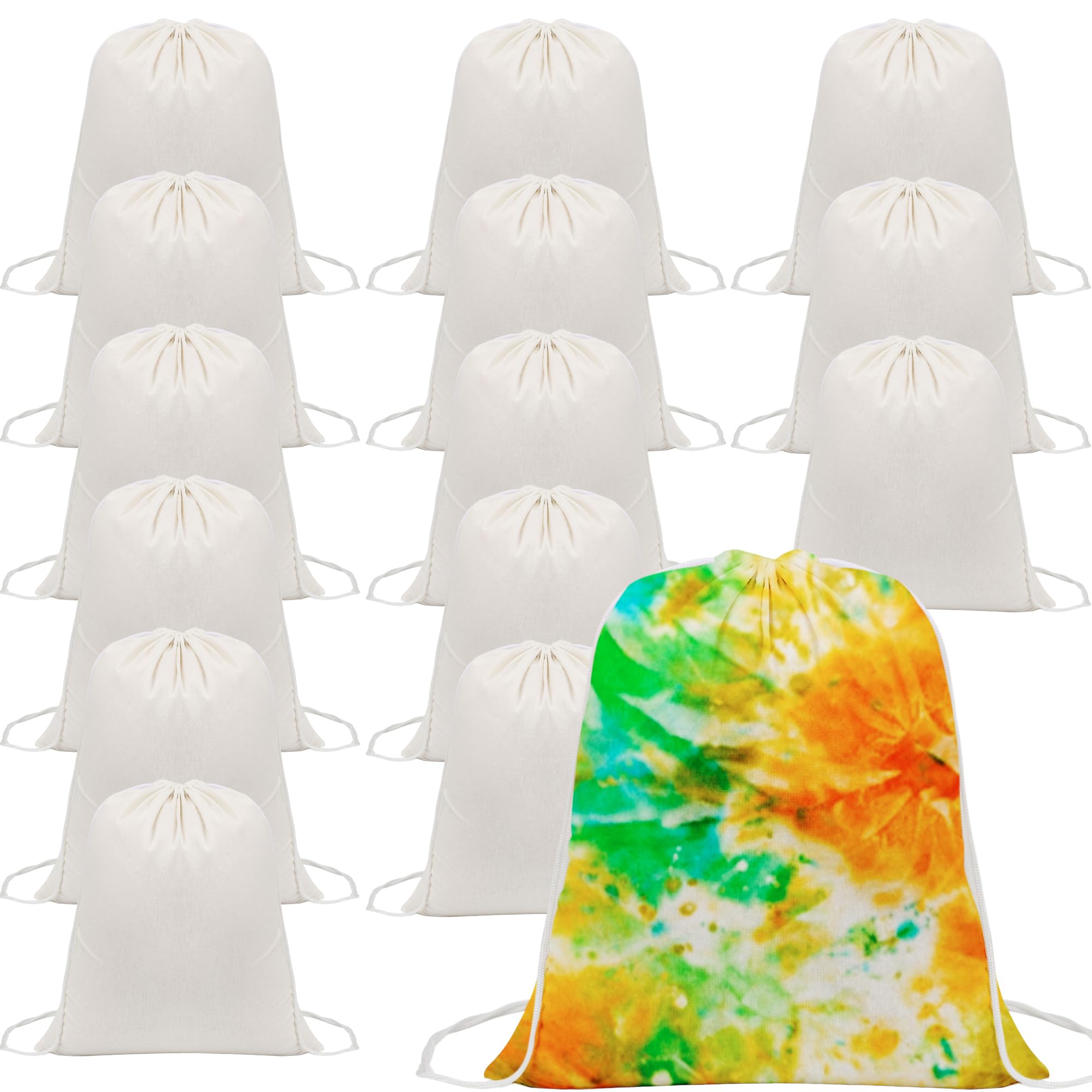 Conagel 15 Pcs Tie Dye Drawstring Bags White Cotton Drawstring Bags Tote Backpack Bulk Items to Tie Dye DIY Birthday Party Favors