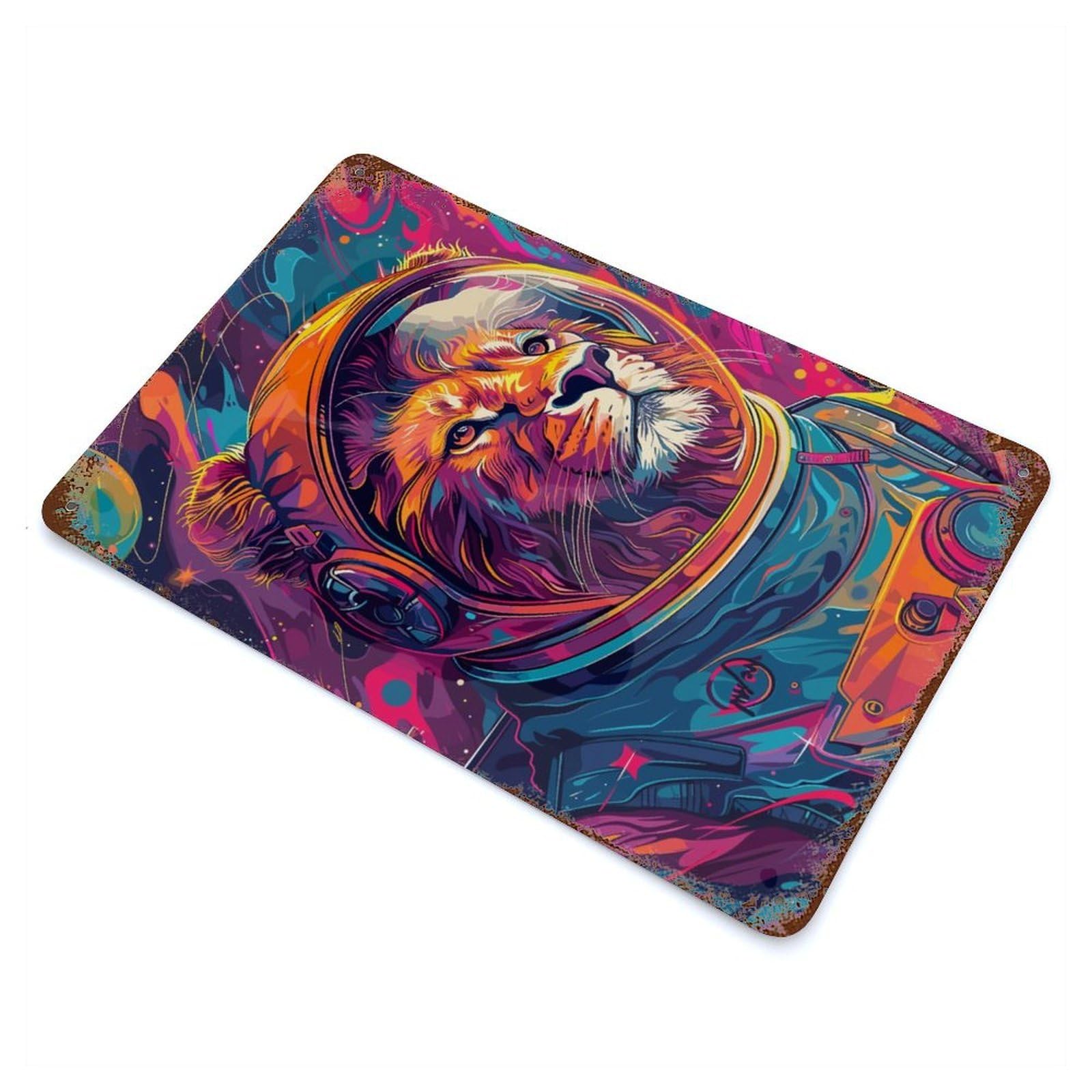 Aged Metal Wall Plaque with Astronaut Lion Space Design 11.8"x7.9", for Cafe, Home Bar And Lounge Decor, Novelty Wall Decor