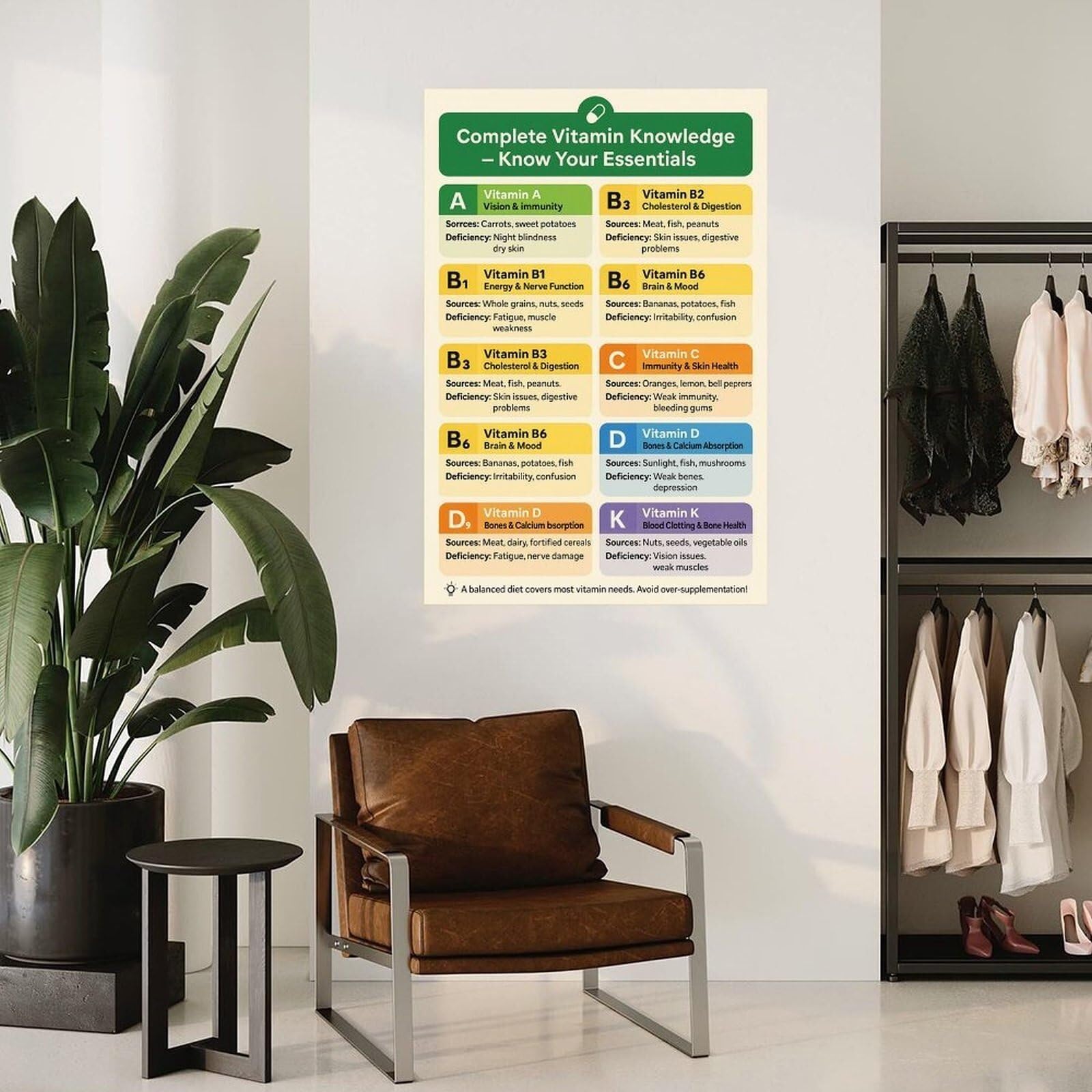 BIANMTSW Plakat referencyjny dietetyka - kompletny przewodnik po witaminach i minerałach dla ludzkiego ciała, wykres edukacyjny oprawiony, 40 x 60 cm