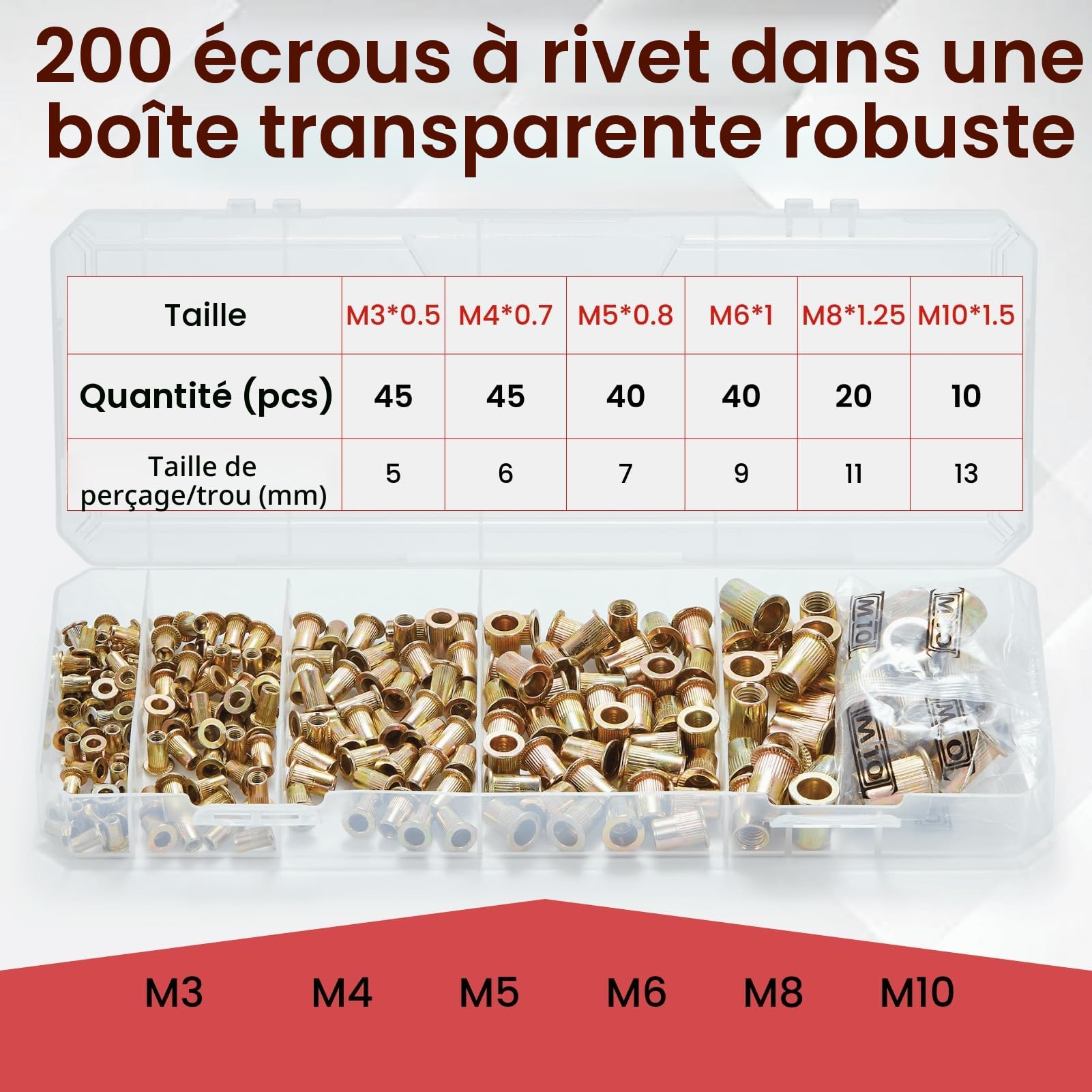 Pince a Insert Fileté Professionnelle 33 cm – Kit avec 200 Ecrous a Sertir en Boîte dans Coffret Robuste, 6 Mandrins M3–M10, Changement Rapide, Idéal pour Métal & Bricolage