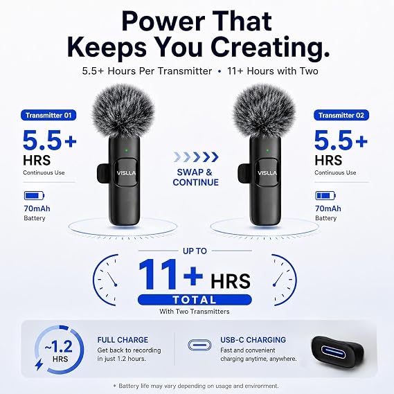 Vislla Mini Microphone for iPhone & Android,11H Battery, Noise Cancelling Wireless Lavalier Mic, Clip On Lapel Mic Pro for Content Creator Vlogging/YouTube/Tiktok/Video Recording/Streaming/Interview