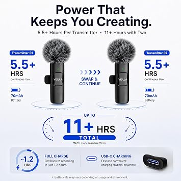 Vislla Mini Microphone for iPhone & Android,11H Battery, Noise Cancelling Wireless Lavalier Mic, Clip On Lapel Mic Pro for Content Creator Vlogging/YouTube/Tiktok/Video Recording/Streaming/Interview