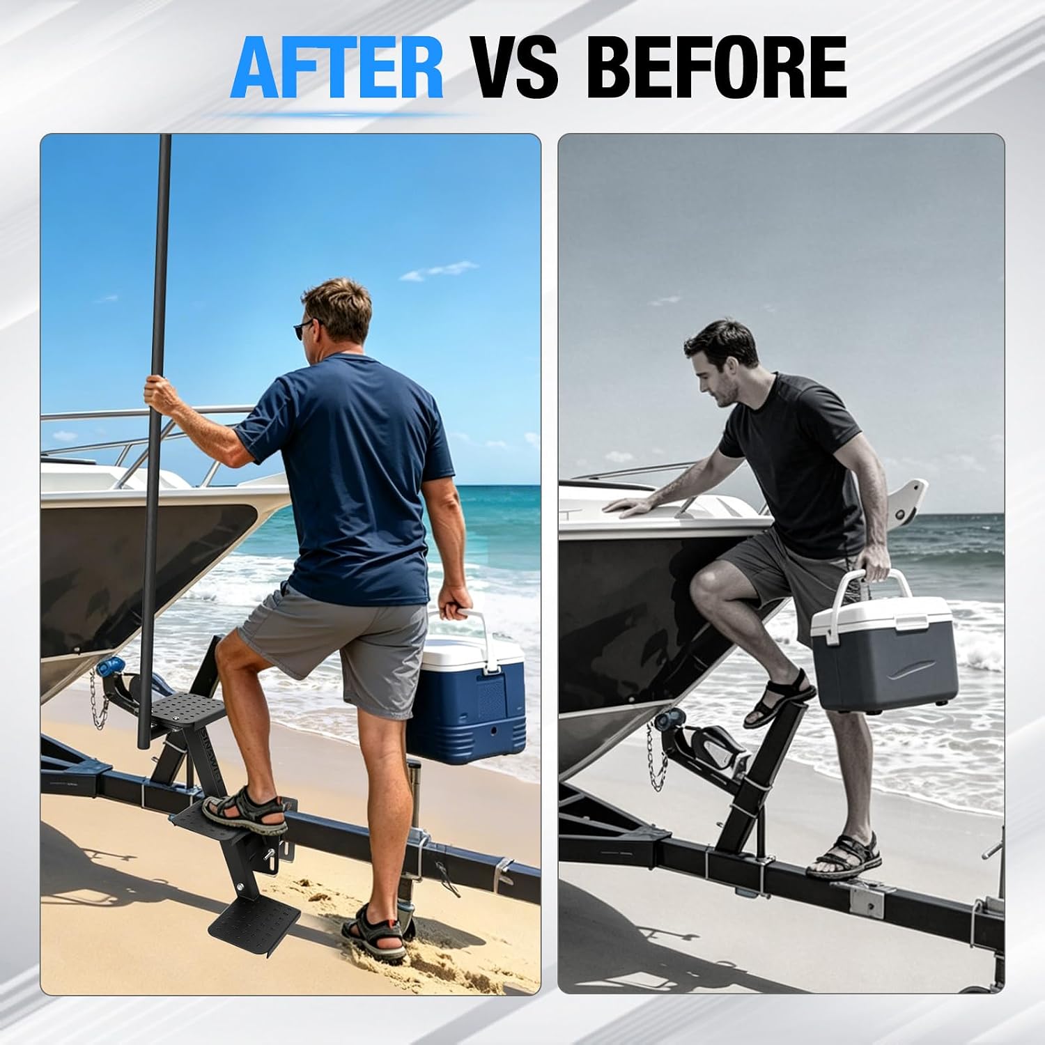 3-Step Boat Trailer Steps with Safety Handle, Heavy Duty Non-Slip Boat Trailer Ladder, Universal Trailer Tongue Boarding Step for Bass Boat, Pontoon & Utility Trailers, Bolt-On Installation
