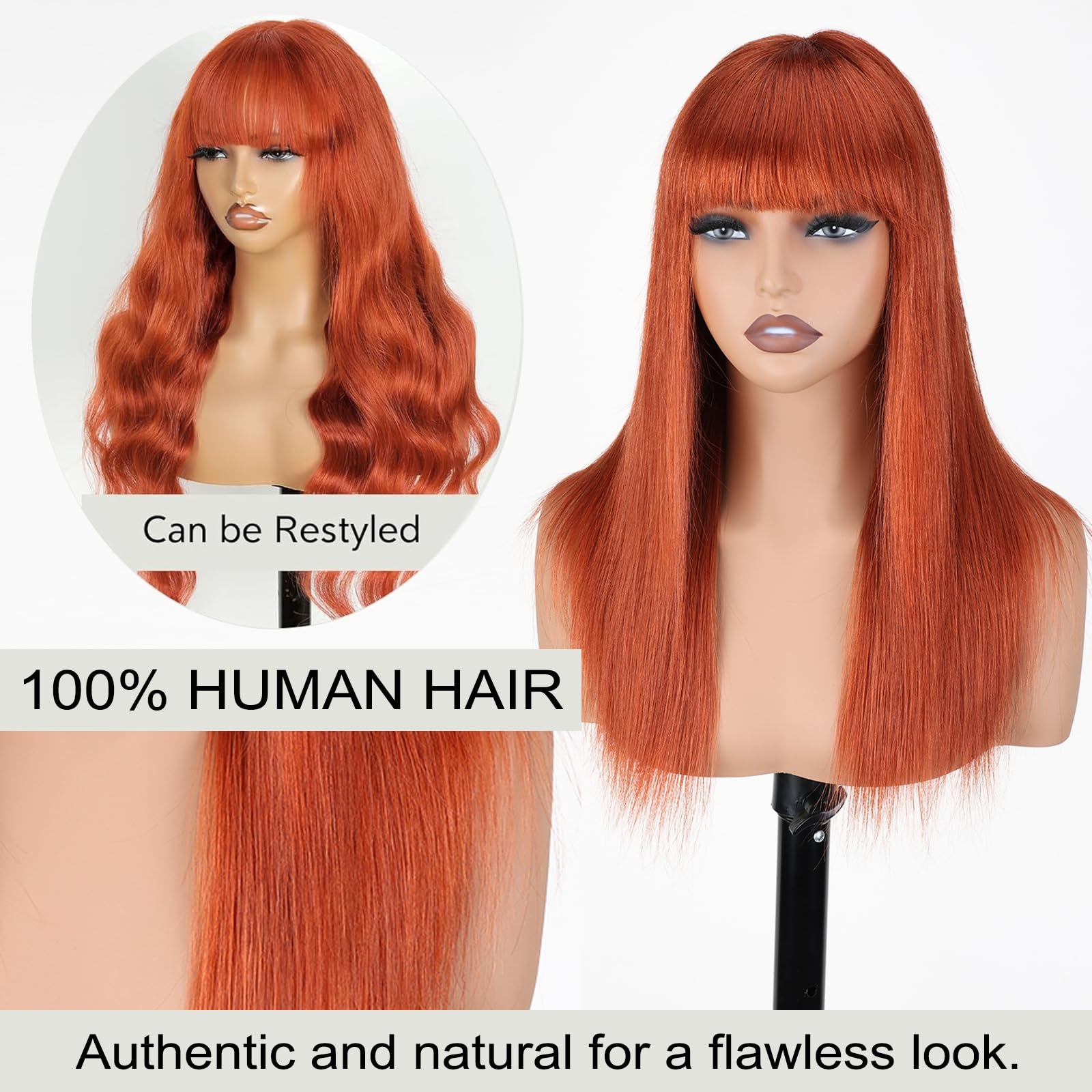 High Quality  ORANGE long straight Wig w/ bangs Orange Long Straight Wigs for Women | 28 Inch Synthetic Hair  main image 2