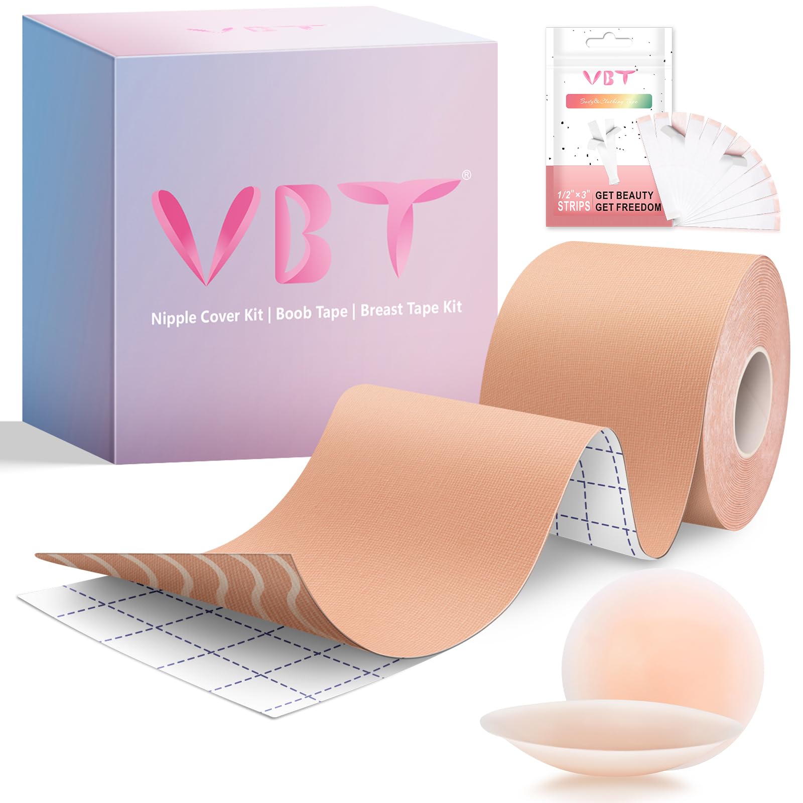 VBT Boob Tape - Breast Lift Tape, Body Tape for Breast Lift w 2 Pcs Silicone Breast Reusable Adhesive Bra, Bob Tape for Large Breasts A-G Cup, Nude
