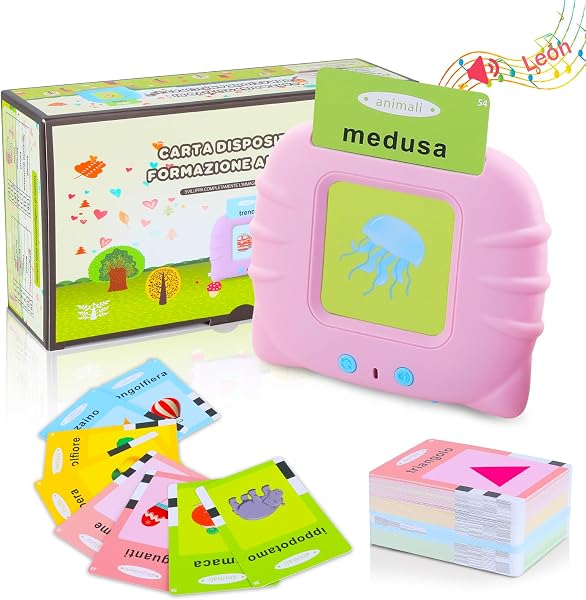 Italiano Standard, Flashcard Giocattoli Educativi per Bambini da 1-6 Anni, 120 Fogli 240 Parole per L'apprendimento Audio, Giocattoli Sensoriali Montessori per La Logopedia Dell'autismo Rosa - 1