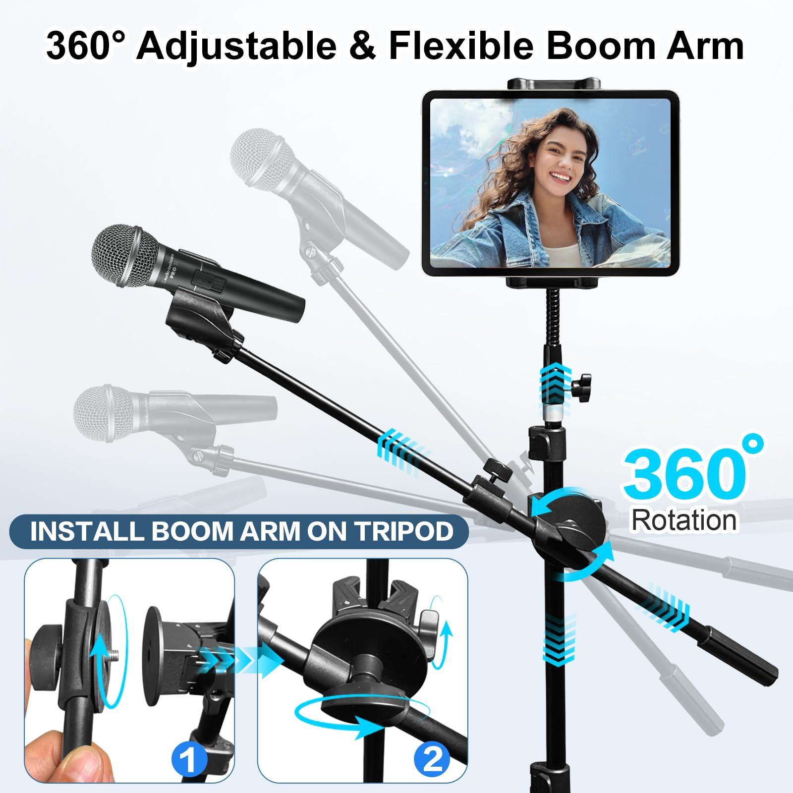 208,3 cm hoher Mikrofon- und iPad-Bodenstativ, faltbar, robuster Galgen-Mikrofonständer mit Handy-/Tablet-Halterung, Dual-Gerätehalterung für Singen, Performance, Karaoke, Sprache, Bühne und