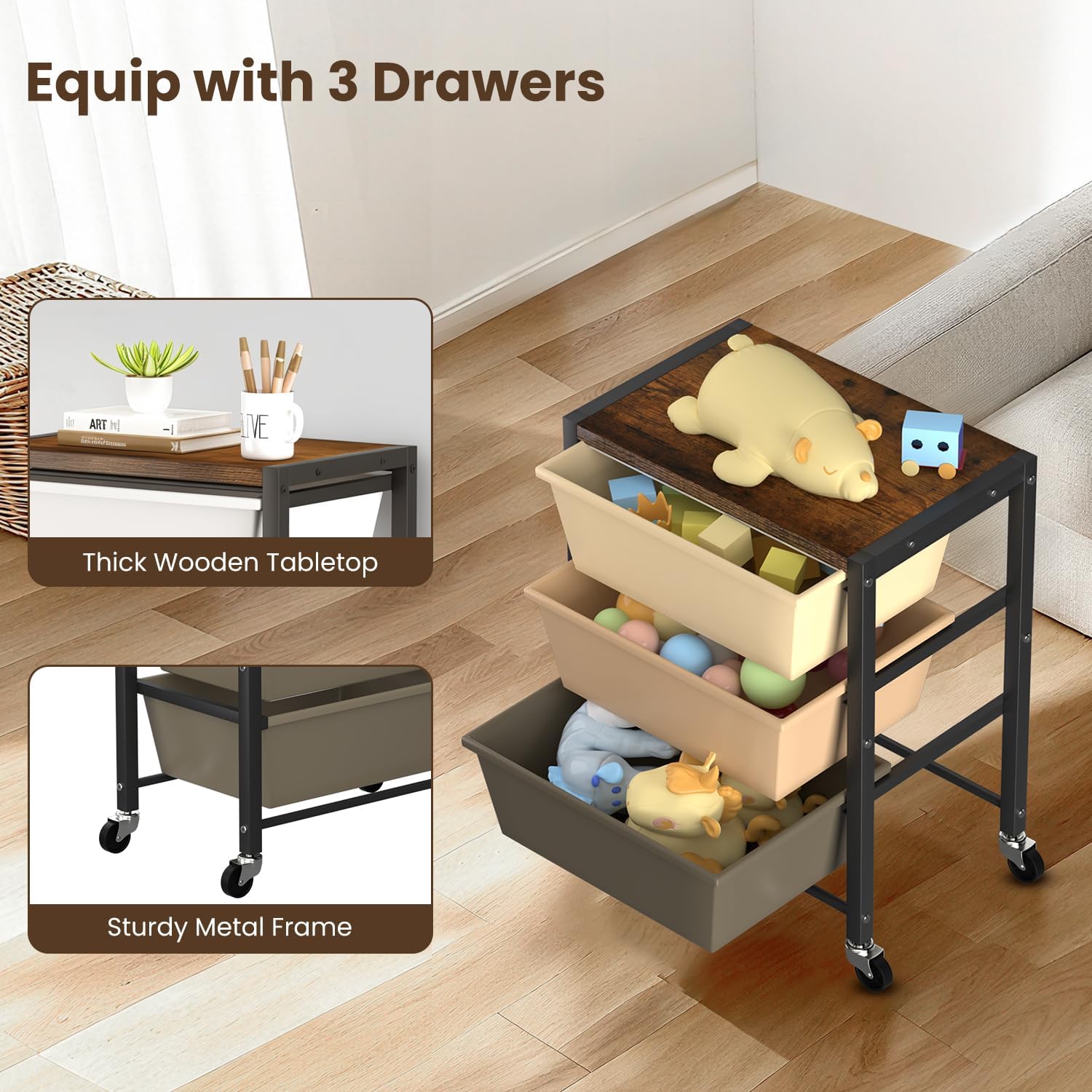 Rolling Cart with 3 Drawers, Plastic Drawer Storage Carts with Lockable Wheels & Wooden Tabletop, Metal Utility Cart Organizer, Office Bedroom Classroom Craft Organization and Storage, Dark Brown thumbnail