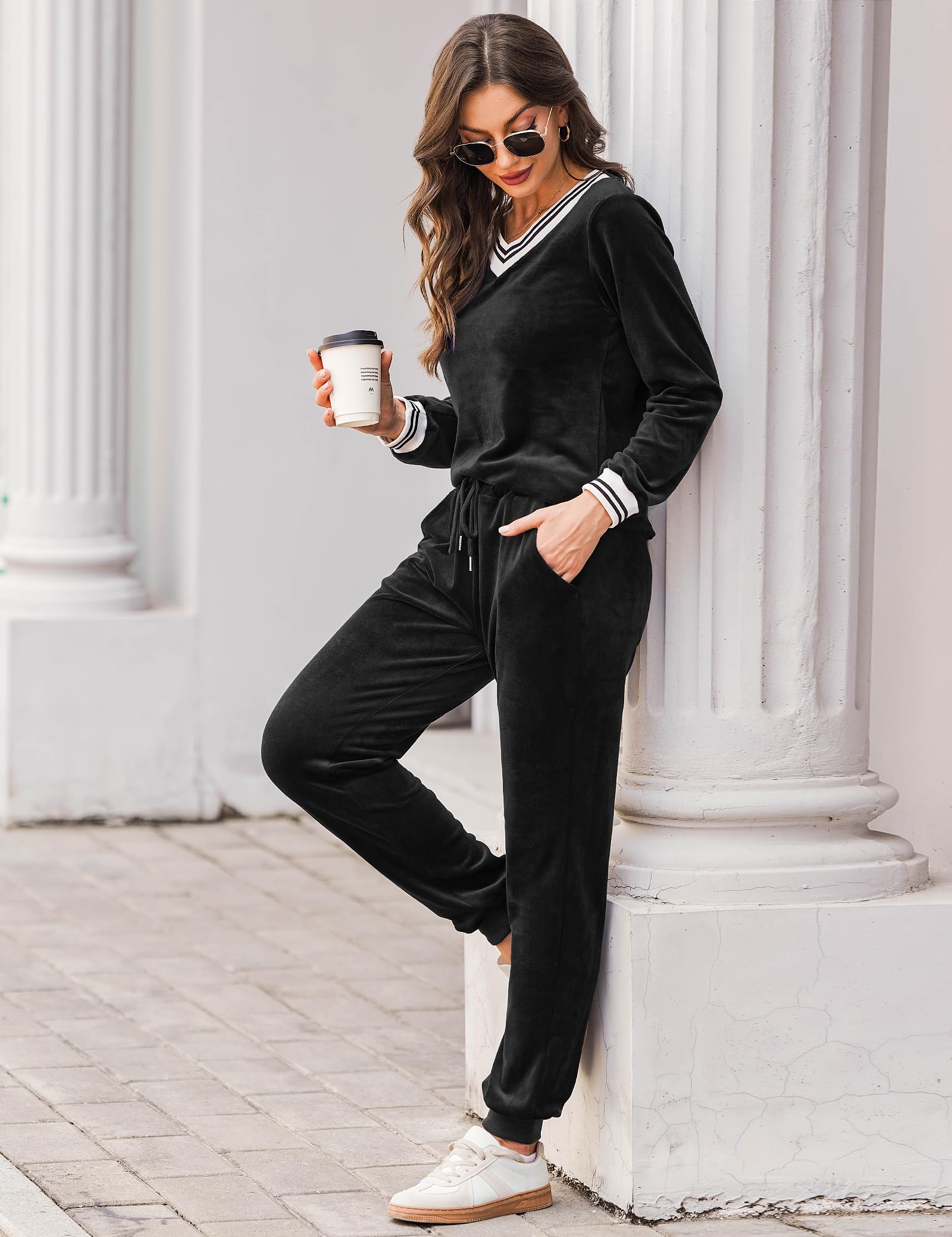 Totatuit Donna da Ginnastica in Velluto Tuta da Casa Set Tuta Sportiva Casual Pigiami Due Pezzi Pigiama Donna Pile Set Inverno da Yoga Jogging Training Sportwear con Coulisse