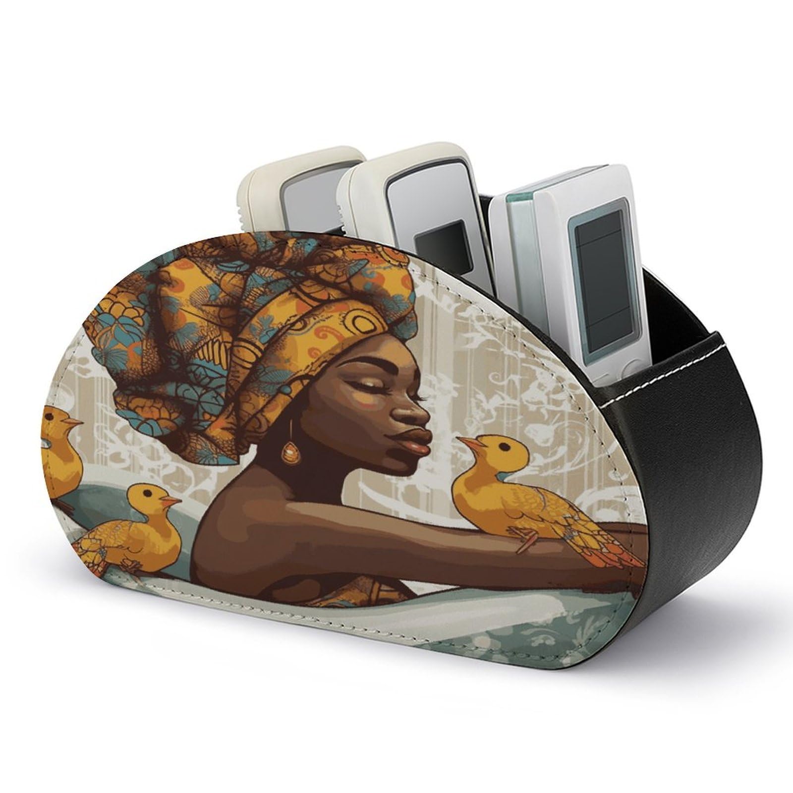 LZQPOEAS African Women Remote Control Holder with 5 Compartments PU Leather Remote Organizer Box Caddy for Table Nightstand Remote Caddy Desktop Organizer Fits Media Controllers