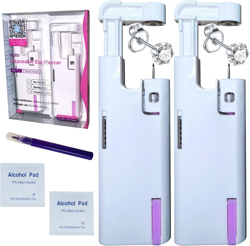 Kit descartável para perfuração de orelha BeiLaiSun com mola automática, brinco pré-carregado, caneta marcadora e lenços