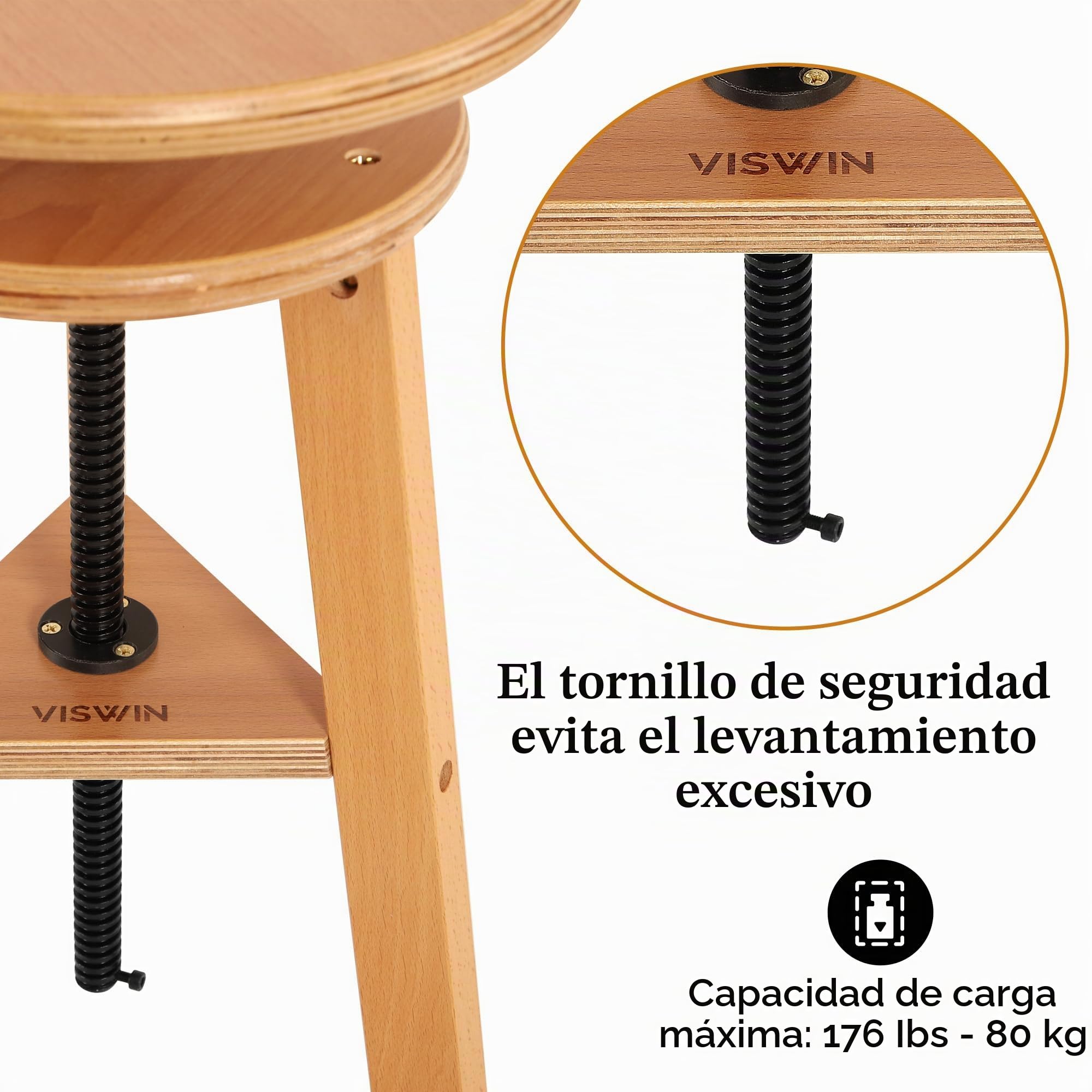 VISWIN Taburete de Madera de Haya Regulable 48-65 cm para Artistas, Pintura y Dibujo - Silla para Artstudio, Bar, Oficina