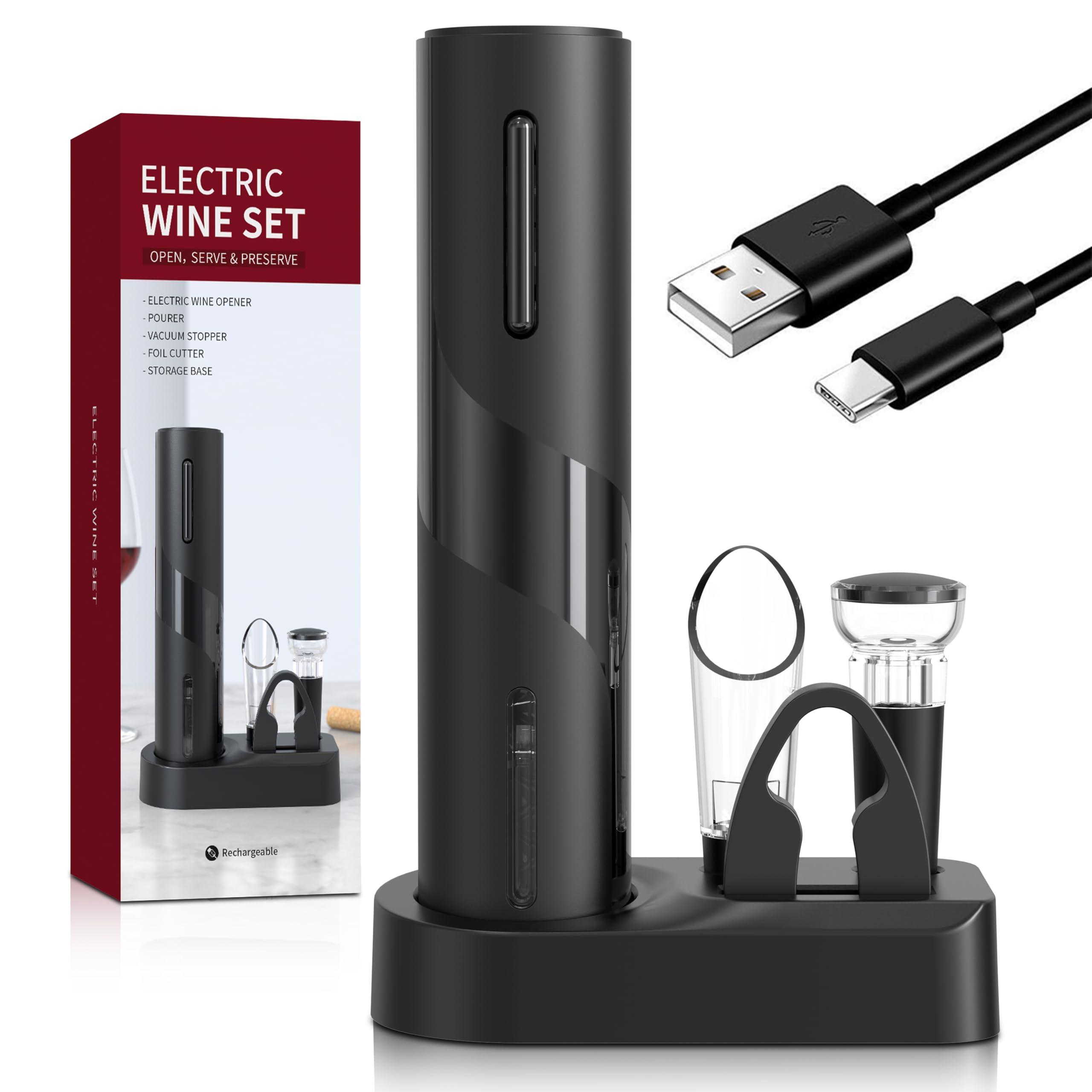 Electric Bottle Opener 5-in-1 ElectricWine Bottle Opener with Rechargeable Storage Base, Foil Cutter, Wine Pour&amp; Wine Stopper