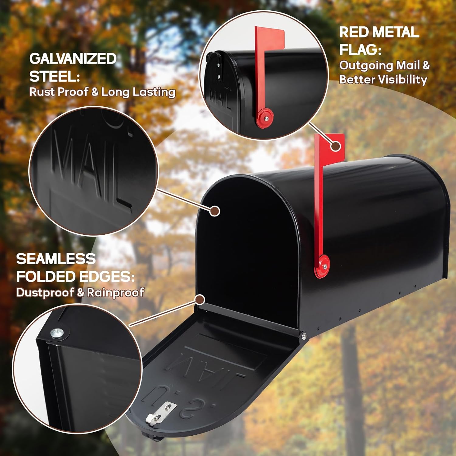 Large Mailboxes for Outside, RAINHOL Black Metal Mailbox, Galvanized Steel Post Mount Mail Box, T3 Large Capacity, 23 x 10.7 x 8.9 Inches