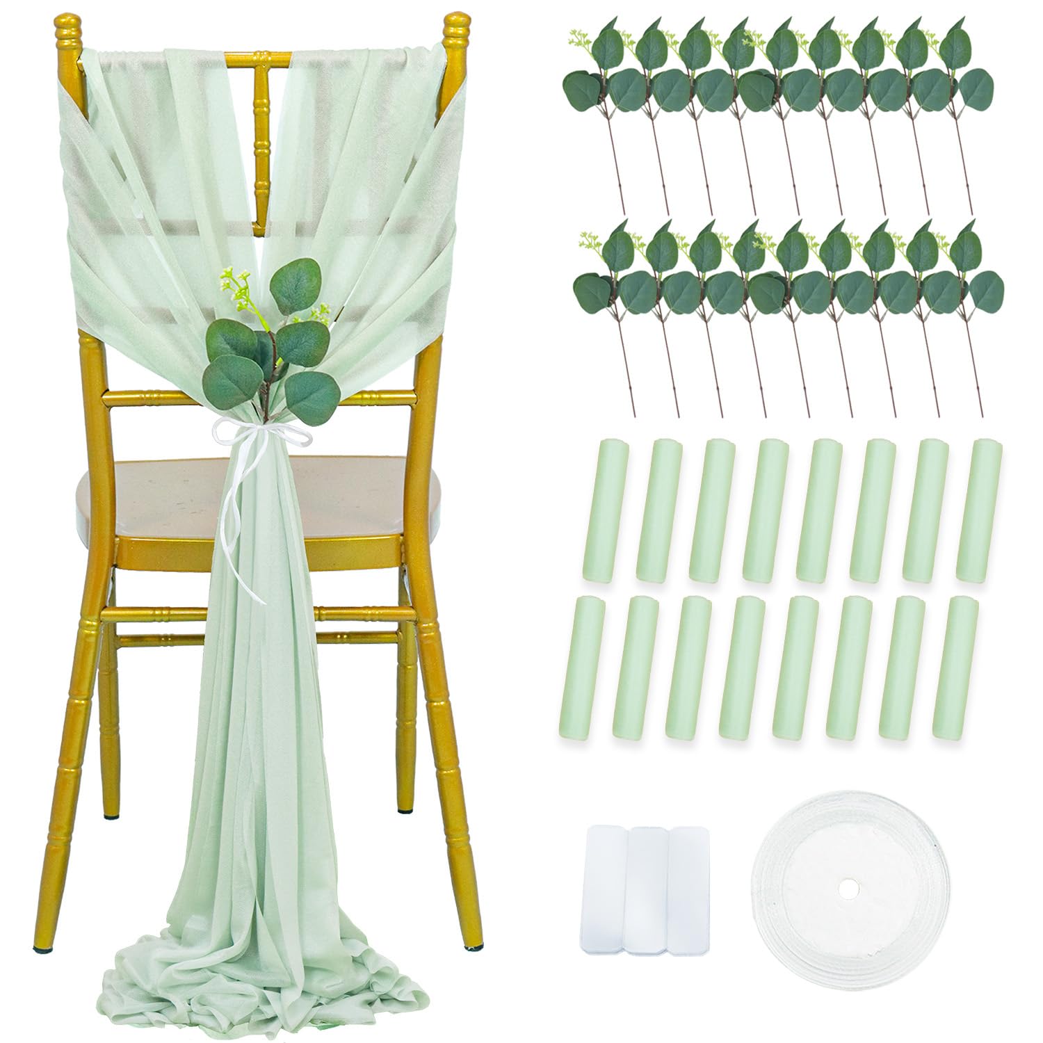 FUHSY Stuhlschärpen, Salbeigrün, Hochzeitsstuhldekorationen, 16 Stück, Stuhlbezug, 2,4 m lang, durchsichtige Chiffon-Schleifen für Stühle, Gangdekoration, für Hochzeitszeremonie, Kirche, Kirche