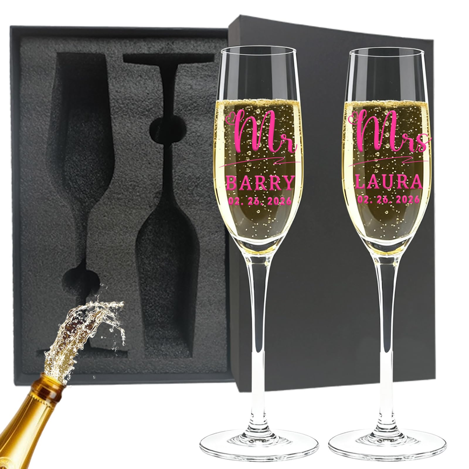 Oscolewis Personalized Printed Wedding Champagne Flutes Custom Mr and Mrs Champagne Flutes Champagne Glasses Set of 2 Gifts for Couple Valentines Day Bride & Groom Engagement Anniversary