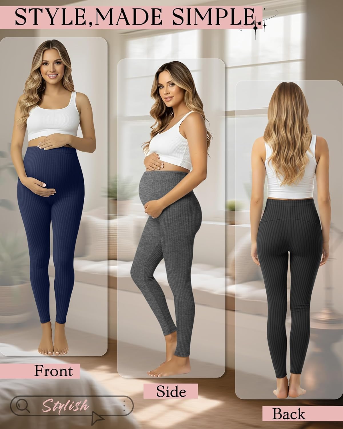 3 Pack Women's Maternity Pants Ribbed Cotton Over The Belly Tight Lounge Pregnant Pants for Casual Pajama Home - Image 5