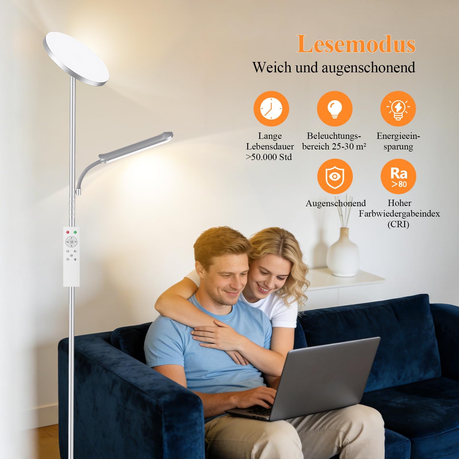 Lampa podłogowa LED z możliwością ściemniania, 42 W/4000 lm, lampa stojąca, salon z czytnikiem, lampa z 2700-6500 K. Bezstopniowa ściemnialność, pilot zdalnego sterowania i sterowanie dotykowe