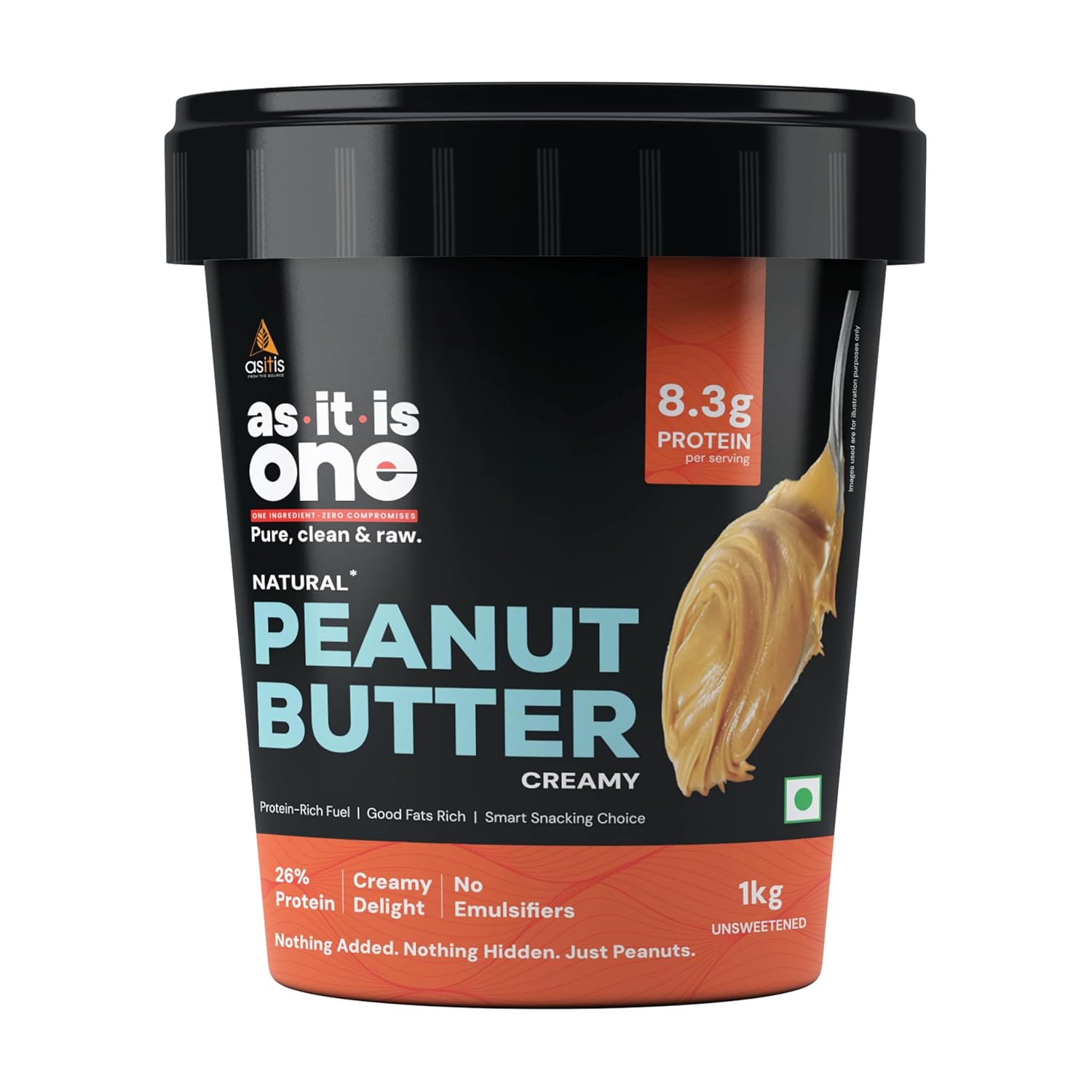 AS-IT-IS Nutrition Peanut Butter Creamy (Natural and Unsweetened) 100% Plant-based Dairy-free Zero Transfats, Zero Cholesterol Made of Fresh, Roasted Peanuts (1 Kg/35.2 Oz)