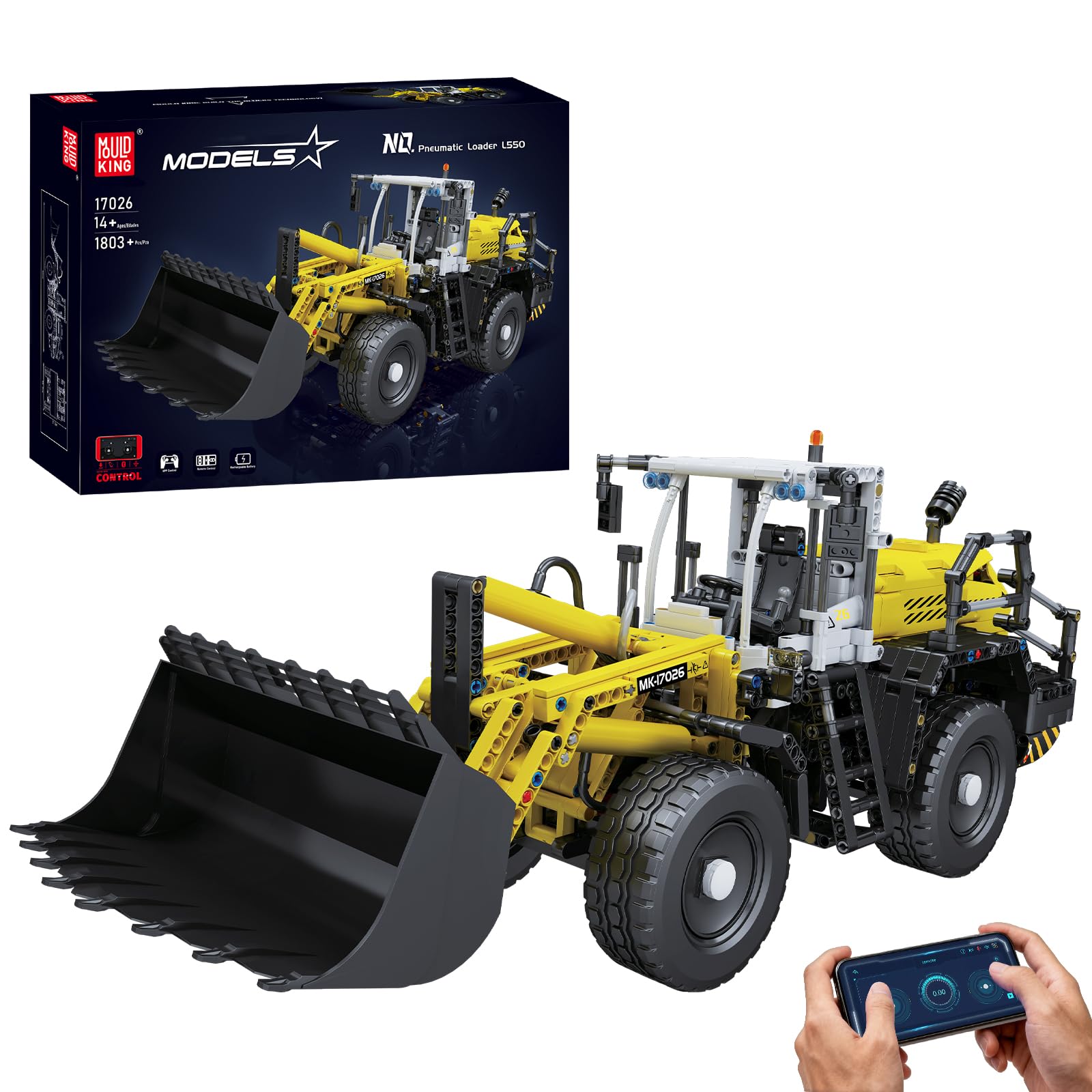 Mould King 17026 Technique RC Bulldozer, 1803 pièces Chargeur sur pneus pneumatique avec télécommande et moteurs, modèle de véhicule de construction Ensemble de construction cadeau pour adultes à