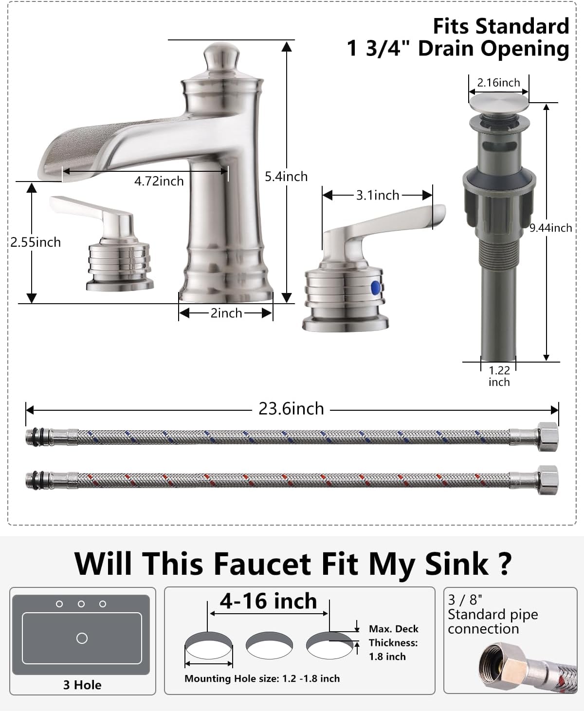 Fapully Brushed Nickel Bathroom Sink Faucet, Waterfall Bathroom Faucets 3 Hole, 8 Inch Widespread Bathroom Faucet with Pop-up Drain, 2-Handle Faucet for Bathroom Sink Vanity RV - Image 6