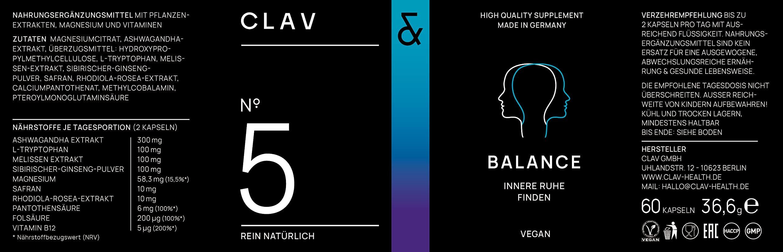 CLAV® N°5 BALANCE – 60 Kapseln - Serotonin & Dopamin Kapseln mit Ashwagandha, Rhodiola & Safran – Magnesium, Vitamin B12, B5 & B9 – Für innere Balance & Nerven – Vegan
