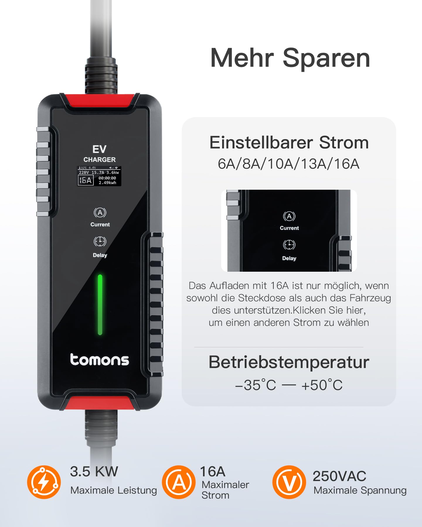 tomons Typ 2 Ladekabel Schuko 3,68 kW, Einphasig, 6-16A, 10M, EV Charger mit Steuerbarer Digitalanzeige und Verzögerungsfunktion