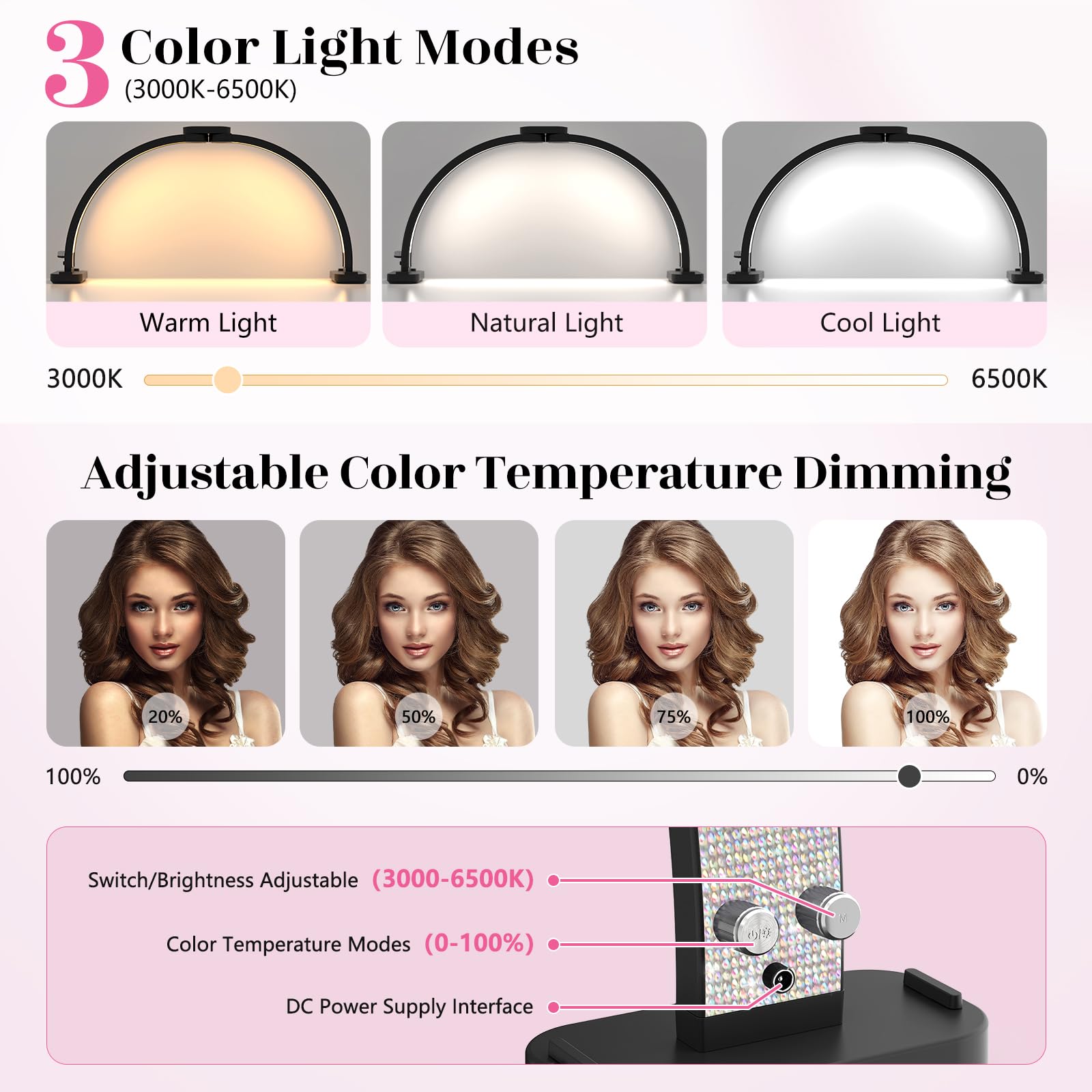 Half Moon Light for Nail Tech: 31 inch Lash LED Lamp with Phone Holder - 48W Foldable Arch Lights for Eyelash Tech - Manicure Handicraft Lighting for Spa,Salon: Black