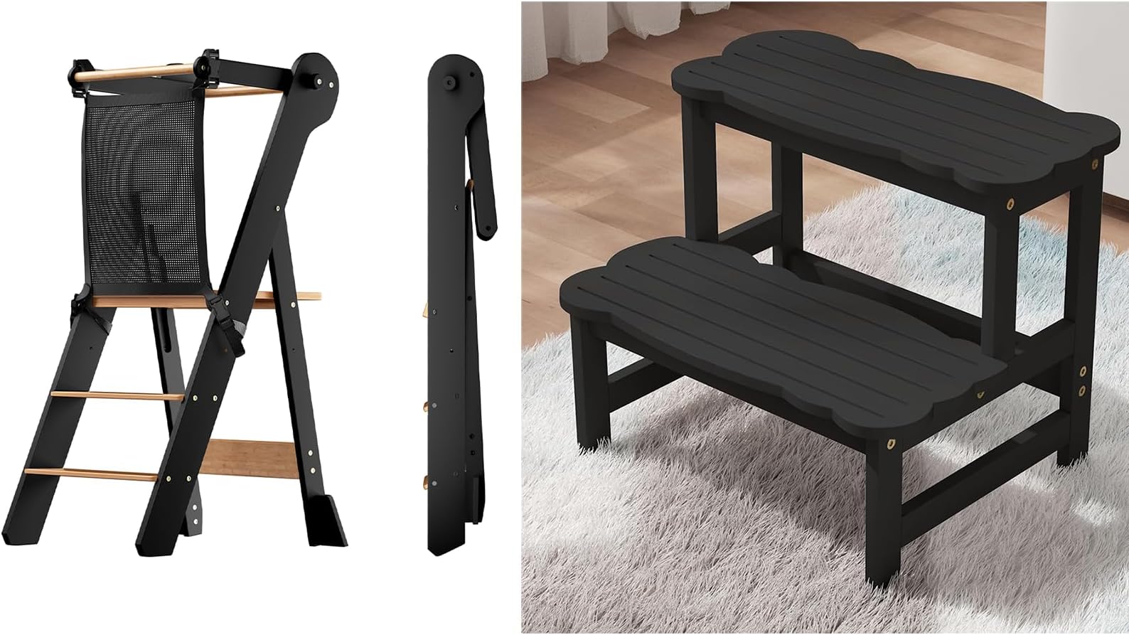 Foldable Toddler Tower & Cloud Step Stool Set – Adjustable Standing Tower with Safety Feet + Two-Step Cloud Stool for Bathroom & Kitchen – Encourages Safe Learning, Independence & Fam