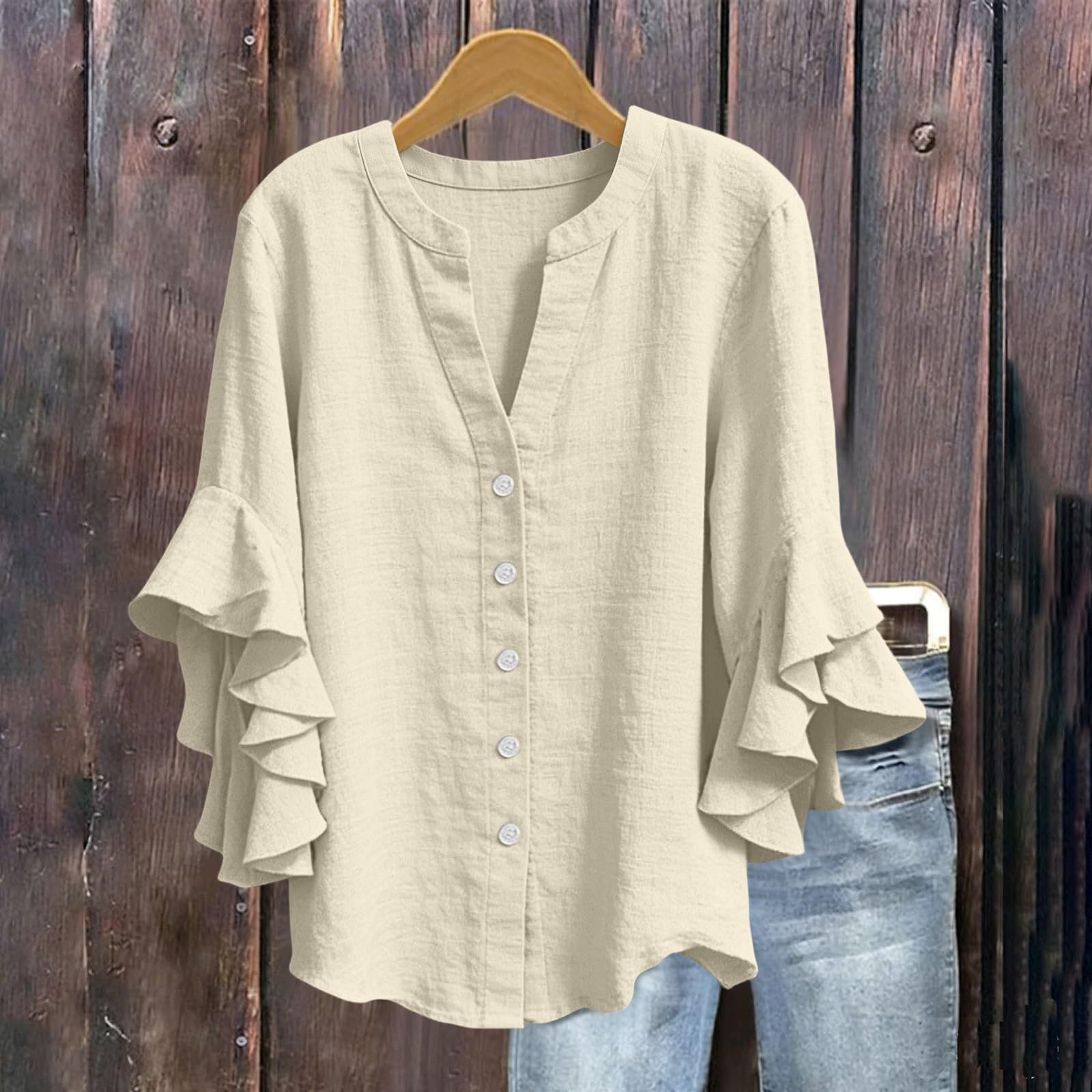 3/4 Ruffle Sleeve Cotton Linen Shirts for Women Dressy V Neck Beach Tunic Tops Elegant Summer Casual Work Blouses - 4