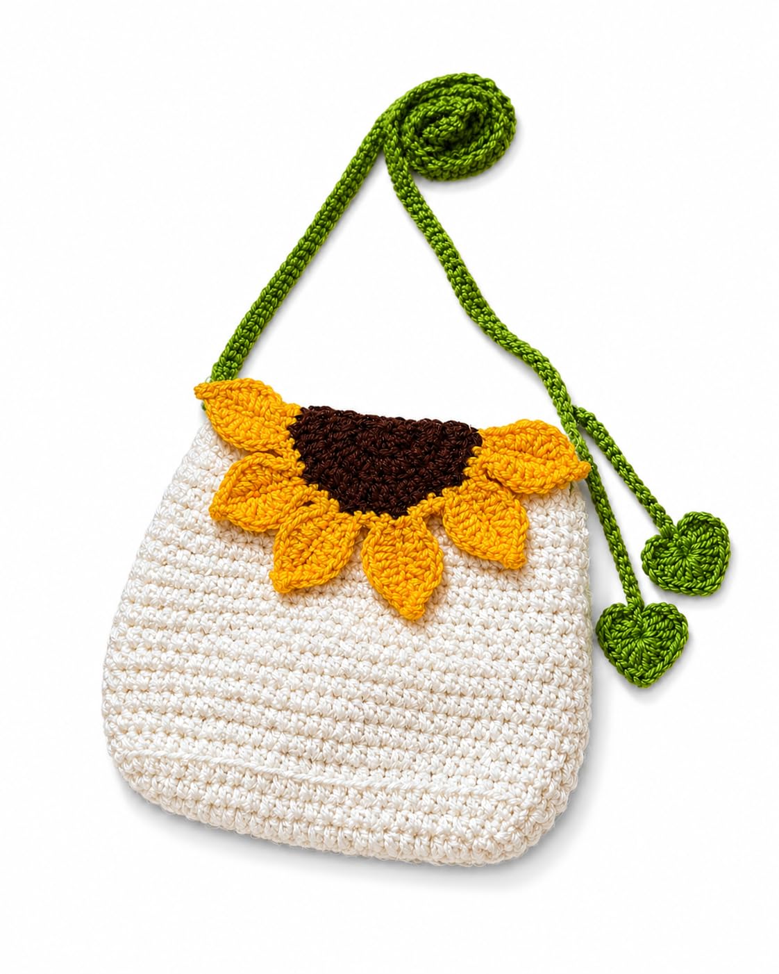 Handmade Crochet Sunflower Crossbody Bag, White with Green Strap-picture-41
